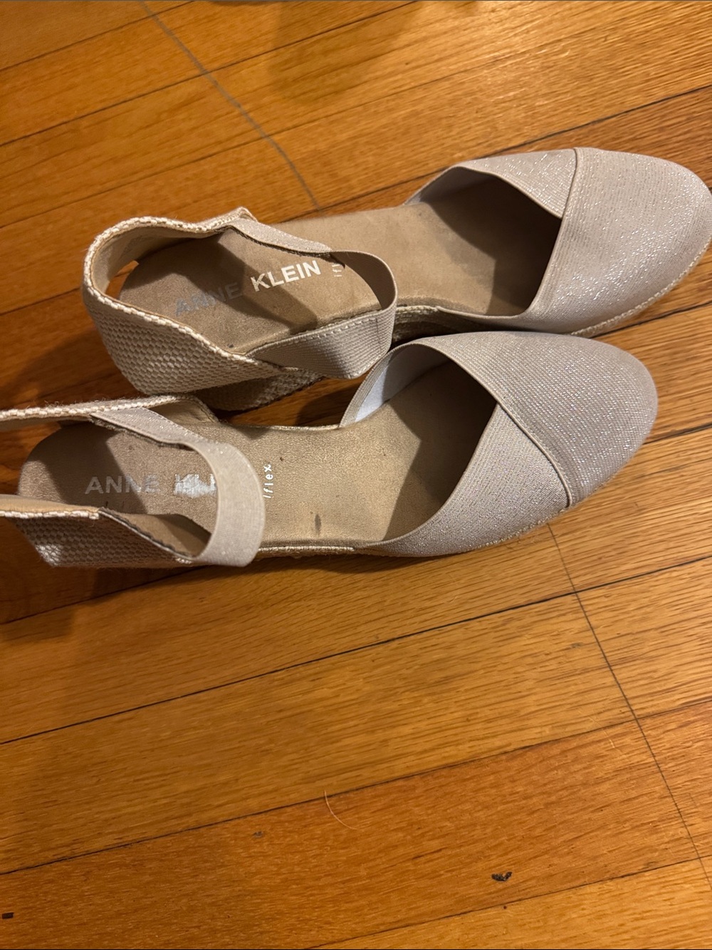 Anne Klein Glitter Espadrille Wedges in Light Beige